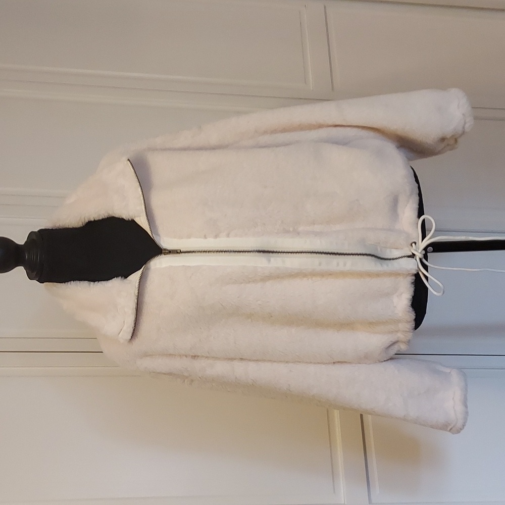 White Teddy Jacket Faux Fur Ivory Cream Zip Up Size M